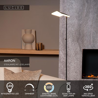 Lucide AARON - Stehlampe Mit Leselampe - LED Dim. - CCT - 1x12W 2700K/4000K - Schwarz